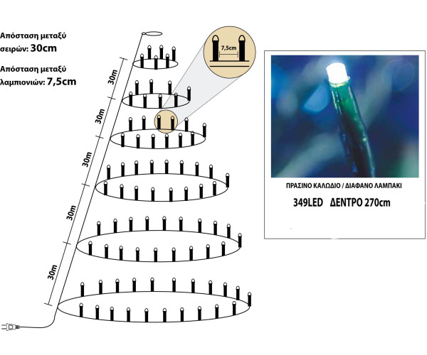 349Led Λαμπάκια Σταθερά Στύλ Κώνος Με Μετασχηματιστή Ip44 Με Πράσινο Καλώδιο/Λευκό Λαμπάκι Για Δέντρο 270cm (Kelvin: 6.000 - 10.000)