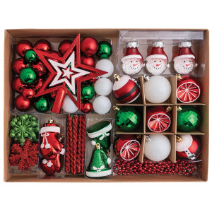 Σέτ 86 Τεμαχίων , Κόκκινα , Λευκά ,Πράσινα Διακοσμητικά Στολίδια 3-12cm Και Κορυφή 16cm