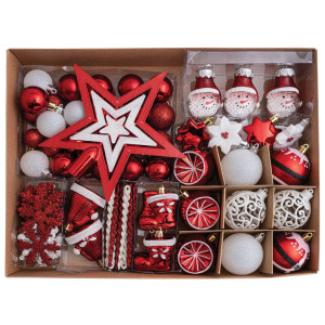 Σέτ 89 Τεμαχίων , Κόκκινα , Λευκά Διακοσμητικά Στολίδια 4-12cm Και Κορυφή 19cm