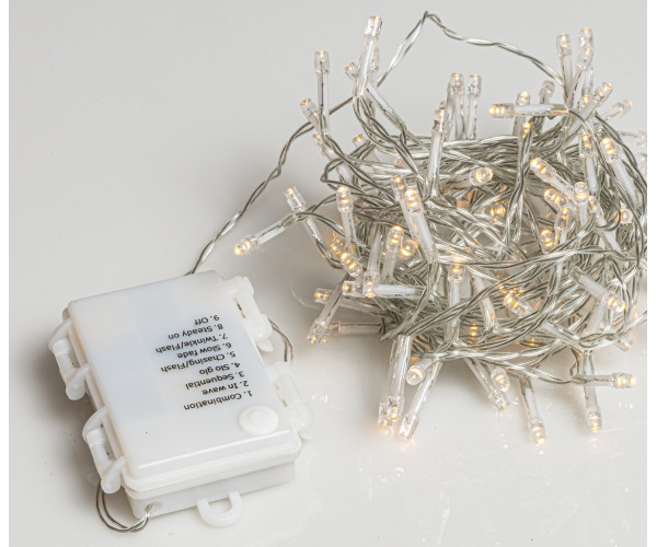 200Led Λαμπάκια Μπαταρίας Με Πρόγραμμα Και Χρονοδιακόπτη Διάφανο Καλώδιο / Θερμό Λαμπάκι , (7,5cm Απόσταση) 15 Μέτρα (Kelvin: 2.500 - 3.000)