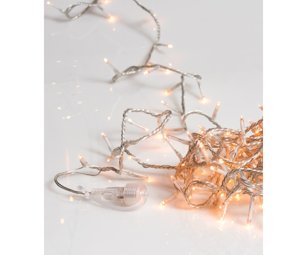 100Led Λαμπάκια Με Επέκταση Και Μετασχηματιστή Ip44 ,Διάφανο Καλώδιο/Θερμό Amber Λαμπάκι , (5cm Απόσταση) 5Μέτρα (Kelvin: 2.100 - 2.300) Με Καρούλη Αποθήκευσης