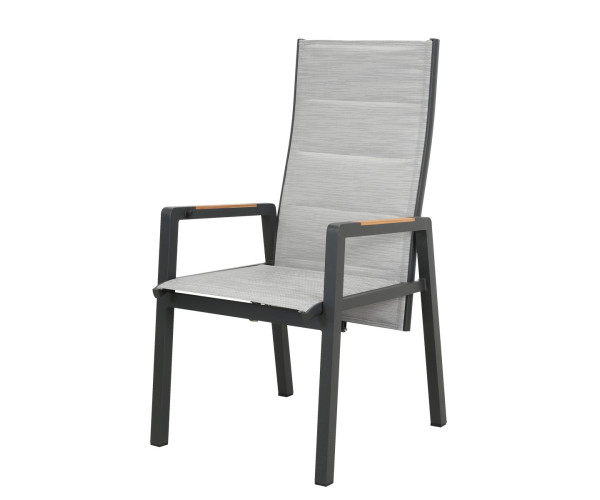 Πολυθρόνα Αλουμινίου Ψηλή Πλάτη Με Μηχανισμό Αναδίπλωσης Πλάτης , Διάτρητο Ύφασμα Και Ξύλο Teak Στα Μπράτσα