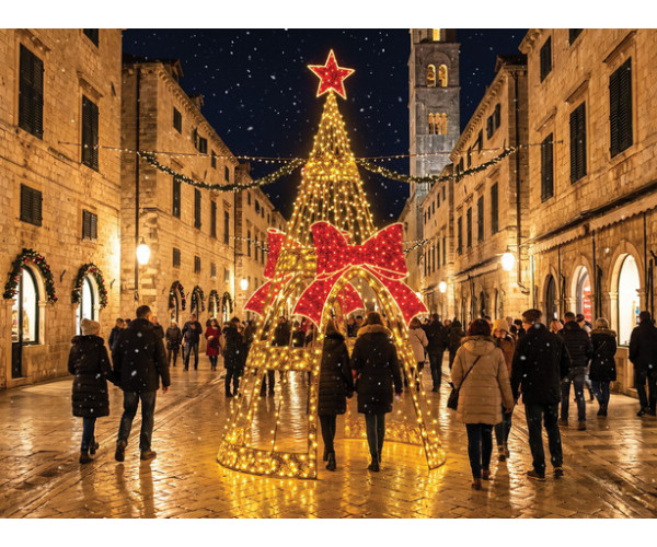 Φωτιζόμενο Χριστουγεννιάτικο Δέντρο Εξωτερικού Χώρου Με Pvc Γιρλάντα Και 7366 Led Θερμού Φωτισμού Με Μπρίζα Σούκο Ip65 300x300x600(H)cm