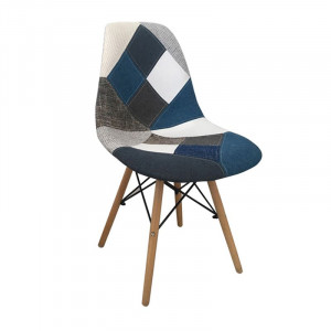ART Wood Καρέκλα Τραπεζαρίας, Πόδια Οξιά, Κάθισμα PP με Ύφασμα Patchwork Blue (ΣΕΤ 4 τεμ)