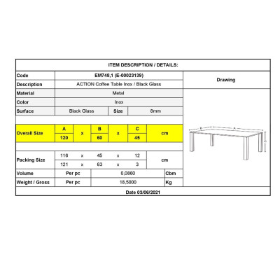 ACTION Τραπεζάκι Σαλονιού - Καθιστικού 120x60cm Inox - Μαυρό Γυαλί 8mm
