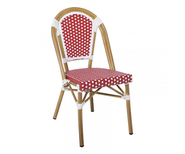 PARIS Καρέκλα Bistro Αλουμίνιο Φυσικό, Wicker Άσπρο - Κόκκινο, Στοιβαζόμενη