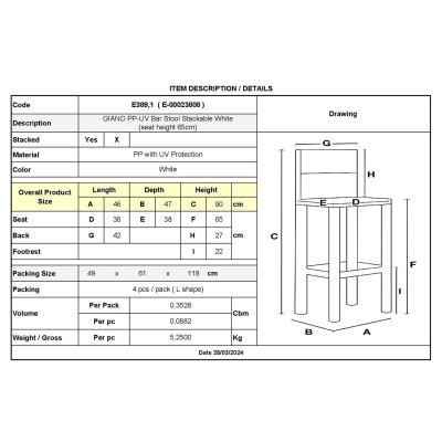 GIANO Σκαμπό BAR με Πλάτη, PP-UV Άσπρο, Στοιβαζόμενο Ύψος Καθίσματος 65cm (Συσκ.4) (ΣΕΤ 4 τεμ)