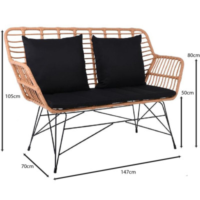 SALSA MAX Living Καναπές Κήπου 2Θέσιος, Μέταλλο Βαφή Μαύρο, Wicker Φυσικό, Μαξιλάρια Μαύρο