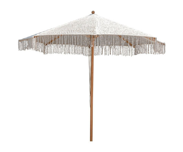 ΟΜΠΡΕΛΑ Ξύλινη - Οξιά Φ200cm, Πλεκτό Μακραμέ Μπεζ