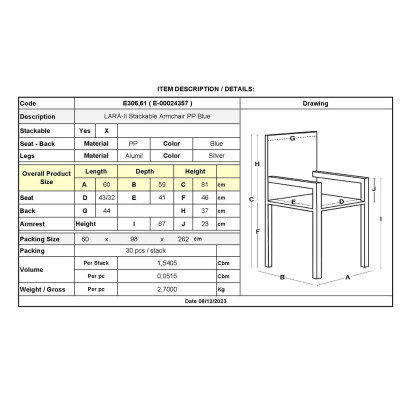 LARA-II Πολυθρόνα Dining Στοιβαζόμενη, ALU Silver, PP Μπλε