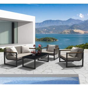 CORDOBA Set Καθιστικό ALU Ανθρακί: Καναπές+2 Πολυθρόνες+ Τραπεζάκι, Μαξιλάρια Μπεζ