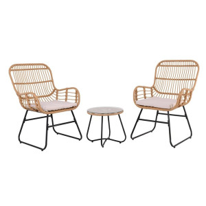 SALSA Yard Set: Τραπέζι + 2 Πολυθρόνες, Μέταλλο Μαύρο, Wicker Φυσικό, Μαξιλάρια Εκρού