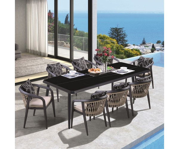 JARDIN Τραπεζαρία ALU Ανθρακί, HPL Μαύρο, Rope Μπεζ: Τραπέζι + 8 Πολυθρόνες με Μαξιλάρια JARDIN Τραπεζαρία ALU Ανθρακί, HPL Μαύρο, Rope Μπεζ: Τραπέζι + 8 Πολυθρόνες με Μαξιλάρια