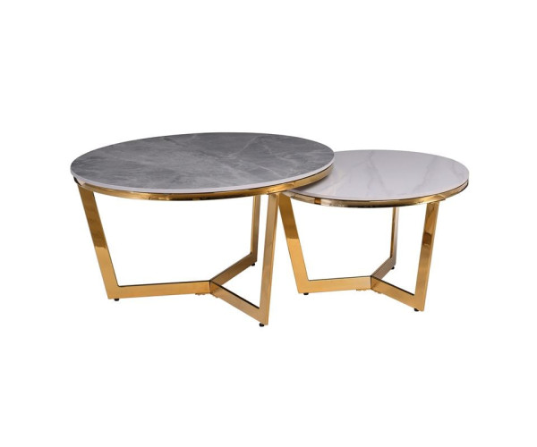 OTTO Set 2 Τραπεζάκια Σαλονιού , Χρώμιο Χρυσό, Sintered Stone Grey-White Marble