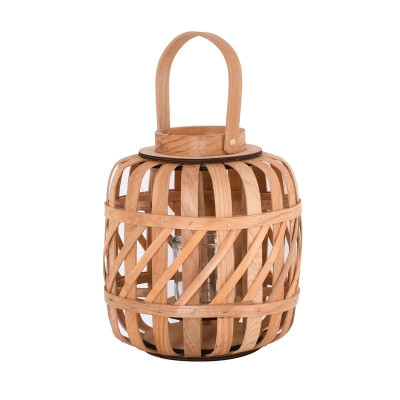 LANTERN ROUND Φανάρι Κήπου- Βεράντας Ξύλινο, Απόχρωση Φυσικό, με Γυάλινο ποτήρι (ΣΕΤ 4 τεμ)