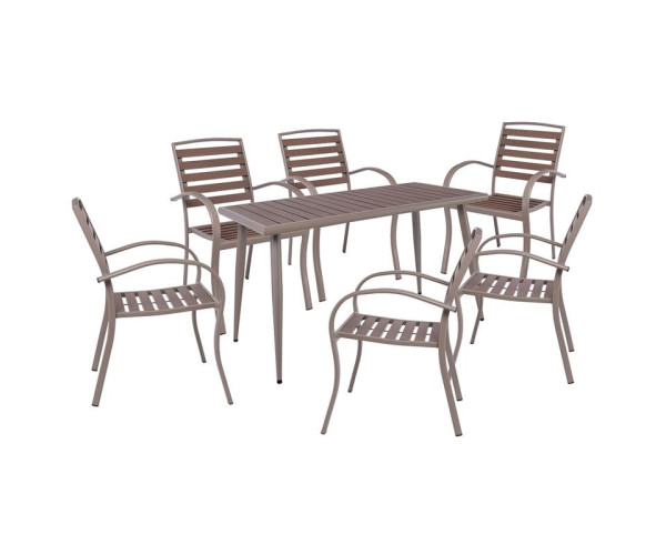 SERRANO Set Κήπου: Τραπέζι + 6 Πολυθρόνες, Μέταλλο Βαφή Sand Beige, Polywood Καρυδί