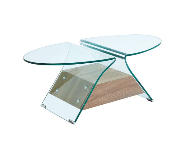 GLASSER Wood Τραπεζάκι Σαλονιού Oval, Διάφανο Γυαλί 12mm, Ράφι Απόχρωση Δρυς