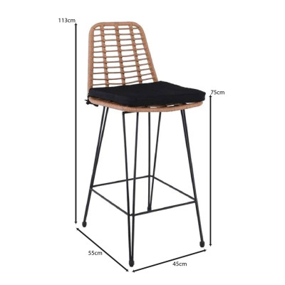 SALSA Σκαμπό BAR-Pro με Πλάτη, Μέταλλο Βαφή Μαύρο - Wicker Φυσικό, με Μαξιλάρι Μαύρο