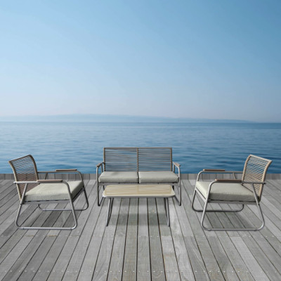 ROCCO Set Σαλόνι Κήπου 4τεμ, Μέταλλο Μπεζ, Rope Wicker Μπεζ, Μαξιλ.Μπεζ, Γυαλί Μπεζ