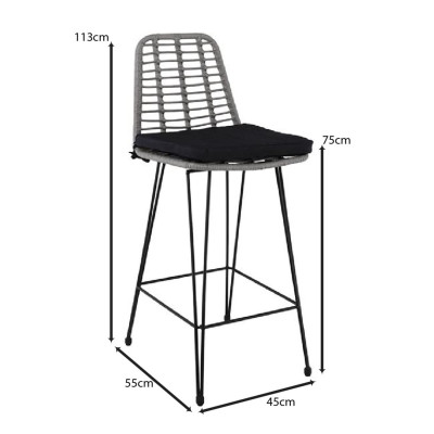 SALSA Σκαμπό BAR-Pro με Πλάτη, Μέταλλο Βαφή Μαύρο - Wicker Γκρι, με Μαξιλάρι Μαύρο