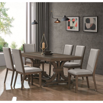 KING Set Τραπεζαρία Ξύλινη Σαλονιού: Τραπέζι+6 Καρέκλες, Antique Grey Walnut, Ύφ.Γκρι