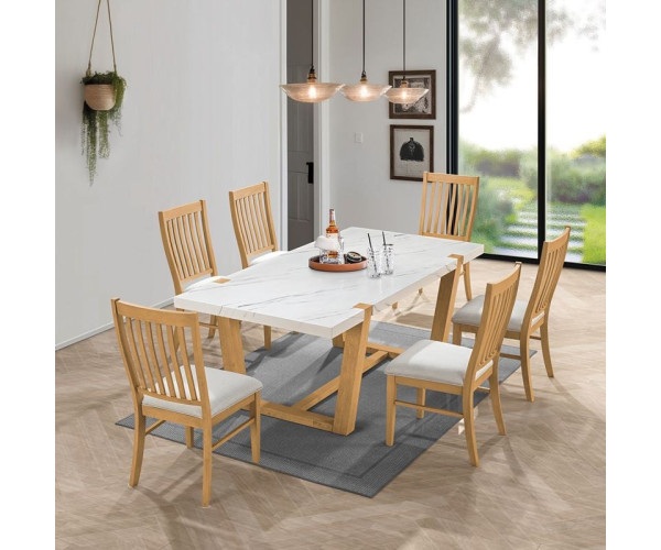 COMET Set Τραπεζαρία Ξύλινη: Τραπέζι+6 Καρέκλες, Φυσικό με Mdf Άσπρο Μάρμαρο,Ύφασμα Άσπρο