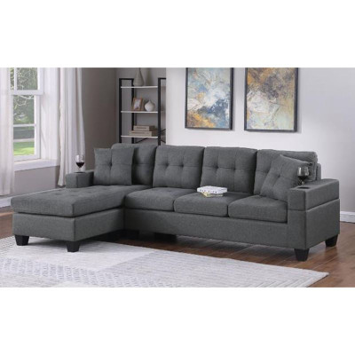 JORDAN Καναπές Σαλονιού Γωνία Αναστρέψιμος, Ύφασμα Γκρι, Μπράτσα με ποτηροθήκες