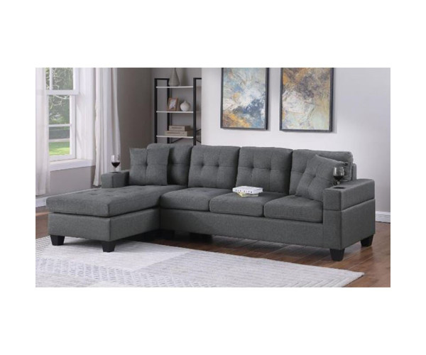 JORDAN Καναπές Σαλονιού Γωνία Αναστρέψιμος, Ύφασμα Γκρι, Μπράτσα με ποτηροθήκες