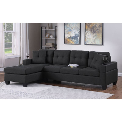 JORDAN Καναπές Σαλονιού Γωνία Αναστρέψιμος, Ύφασμα Μαύρο, Μπράτσα με ποτηροθήκες