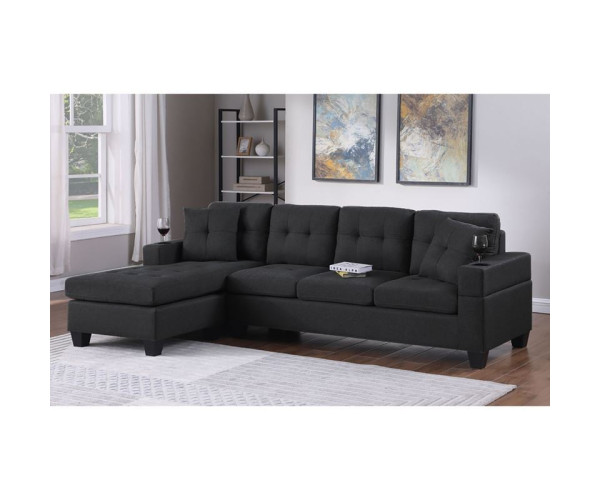 JORDAN Καναπές Σαλονιού Γωνία Αναστρέψιμος, Ύφασμα Μαύρο, Μπράτσα με ποτηροθήκες