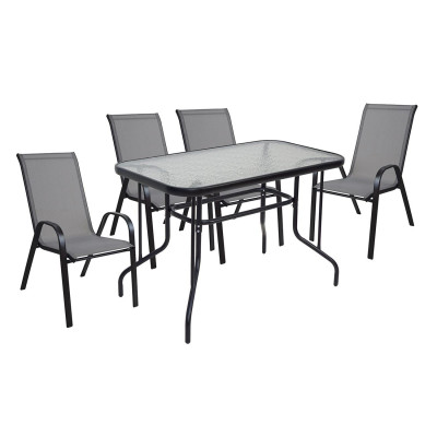 RIO Set Τραπεζαρία Κήπου Μέταλλο Βαφή Μαύρο, Textilene Γκρι: Τραπέζι + 4 Πολυθρόνες
