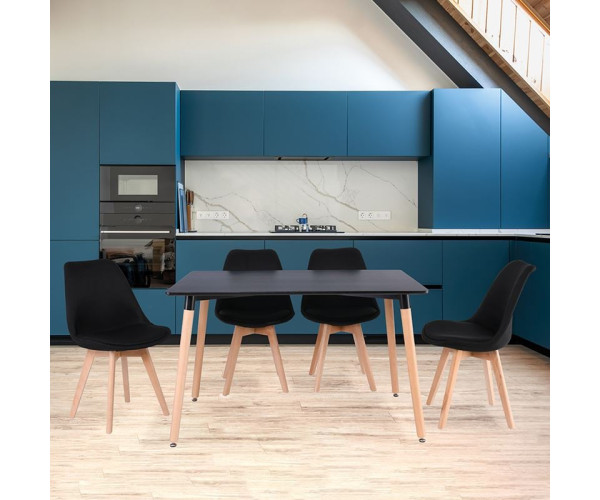 MARTIN Set Τραπεζαρία: Τραπέζι + 4 Καρέκλες, MDF Μαύρο - Οξιά Φυσικό, Ύφασμα Μαύρο