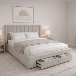 NEBRASKA Κρεβάτι Διπλό με Αποθηκευτικό Χώρο+2 Συρτάρια, για Στρώμα 160x200cm, Ύφ.Μπεζ