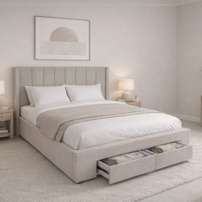 NEBRASKA Κρεβάτι Διπλό με Αποθηκευτικό Χώρο+2 Συρτάρια, για Στρώμα 160x200cm, Ύφ.Μπεζ