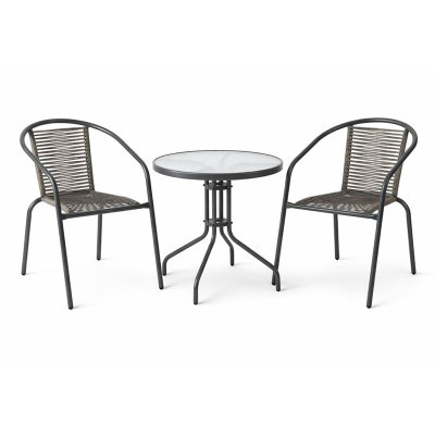 MIKA Set Κήπου - Βεράντας: Τραπέζι + 2 Πολυθρόνες Μέταλλο Βαφή Ανθρακί, PE Rattan Γκρι