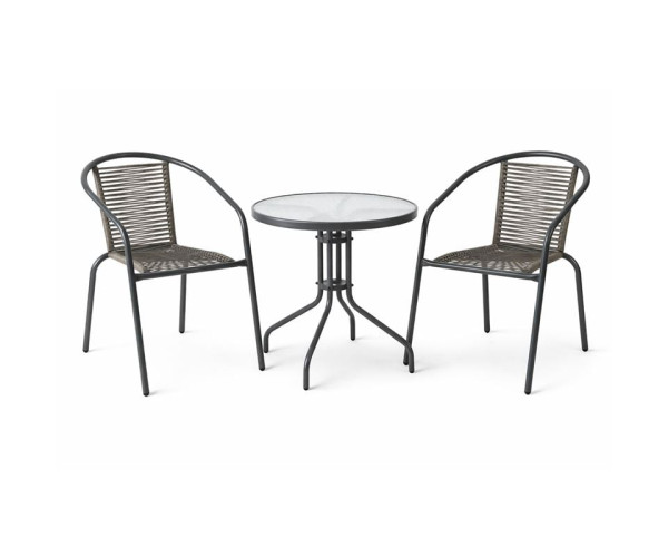 MIKA Set Κήπου - Βεράντας: Τραπέζι + 2 Πολυθρόνες Μέταλλο Βαφή Ανθρακί, PE Rattan Γκρι