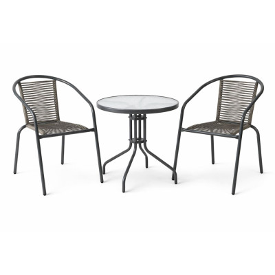 MIKA Set Κήπου - Βεράντας: Τραπέζι + 2 Πολυθρόνες Μέταλλο Βαφή Ανθρακί, PE Rattan Γκρι