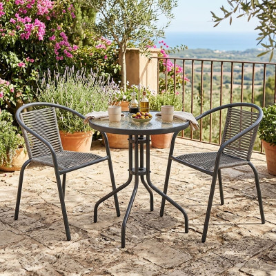 MIKA Set Κήπου - Βεράντας: Τραπέζι + 2 Πολυθρόνες Μέταλλο Βαφή Ανθρακί, PE Rattan Γκρι