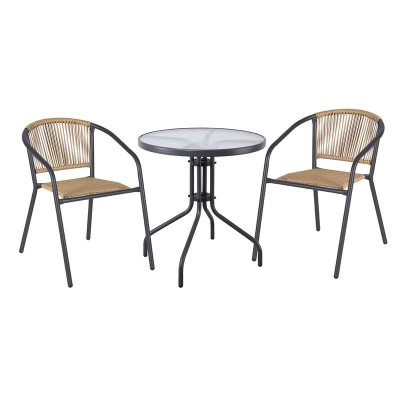 PATTY Set Κήπου - Βεράντας: Τραπέζι + 2 Πολυθρόνες Μέταλλο Βαφή Ανθρακί, PE Rattan Φυσικό