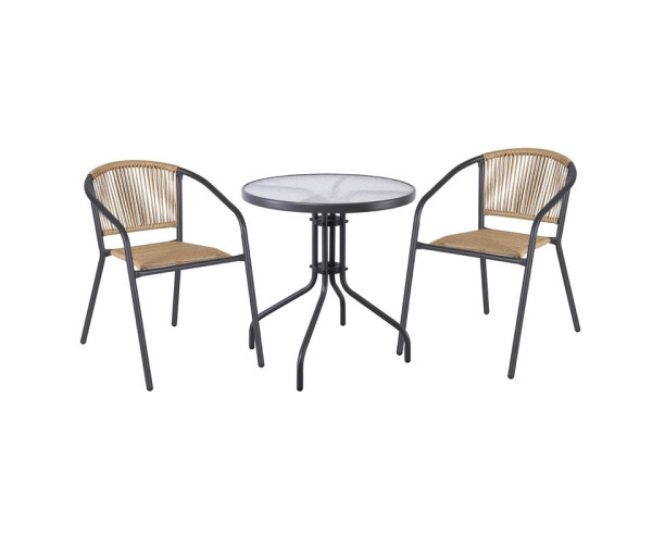 PATTY Set Κήπου - Βεράντας: Τραπέζι + 2 Πολυθρόνες Μέταλλο Βαφή Ανθρακί, PE Rattan Φυσικό