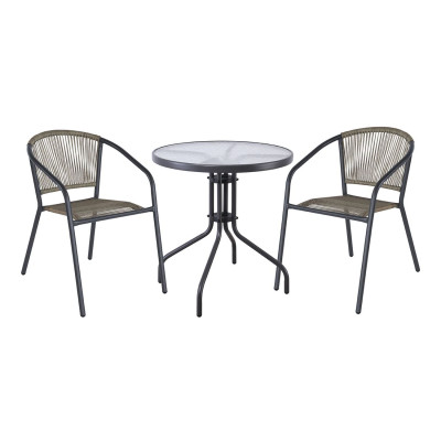 PATTY Set Κήπου - Βεράντας: Τραπέζι + 2 Πολυθρόνες Μέταλλο Βαφή Ανθρακί, PE Rattan Γκρι