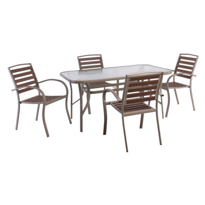 SERRANO-RIO Set Κήπου: Τραπέζι + 4 Πολυθρόνες, Μέταλλο Βαφή Beige, Polywood Καρυδί