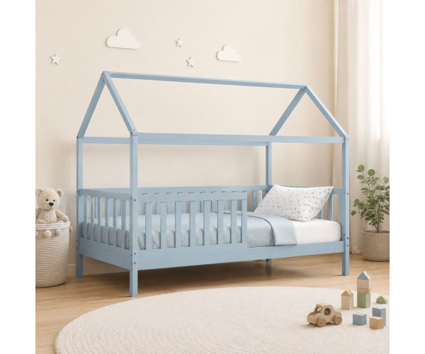 DREAM τ.Montessori Παιδικό Κρεβάτι με Στρώμα 90x190/19cm, Ξύλο Πεύκου Απόχρωση Γαλάζιο
