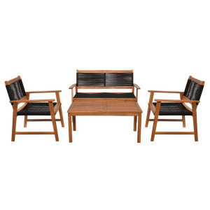 SPRING Set Σαλόνι Κήπου Ακακία Φυσικό, Wicker Μαύρο: Τραπέζι + Καναπέ 2Θέσιο + 2 Πολυθρόνες