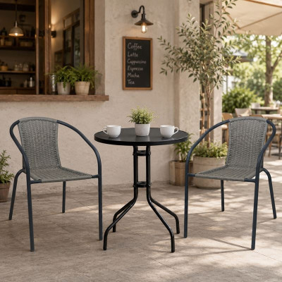 BALENO-W2 Set Κήπου-Βεράντας: Τραπέζι + 2 Πολυθρόνες Μέταλλο Βαφή Μαύρο, Wicker Mixed Grey
