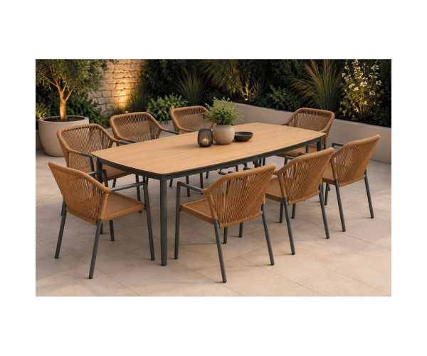 DENVER-DINA Set Τραπεζαρία: 8 Πολυθρόνες + Τραπέζι, Alu Γκρι Polywood & Rope Wicker Φυσικό