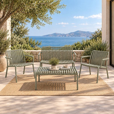 MODO Set Σαλόνι Κήπου PP-UV Olive Green: Καναπές + 2 Πολυθρόνες + Τραπεζάκι