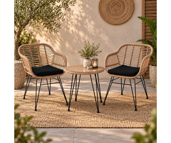 SALSA Set Κήπου: Τραπέζι + 2 Πολυθρόνες Μέταλλο Μαύρο, Wicker Φυσικό, Μαξιλάρι Μαύρο