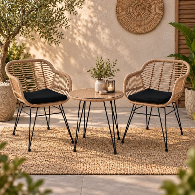SALSA Set Κήπου: Τραπέζι + 2 Πολυθρόνες Μέταλλο Μαύρο, Wicker Φυσικό, Μαξιλάρι Μαύρο
