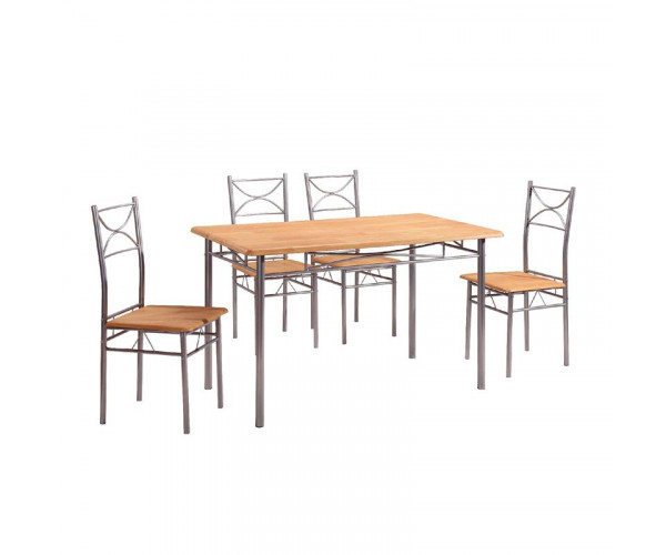 LORETO Set Τραπεζαρία Σαλονιού Κουζίνας: Τραπέζι + 4 Καρέκλες Μέταλλο Βαφή Silver, Φυσικό